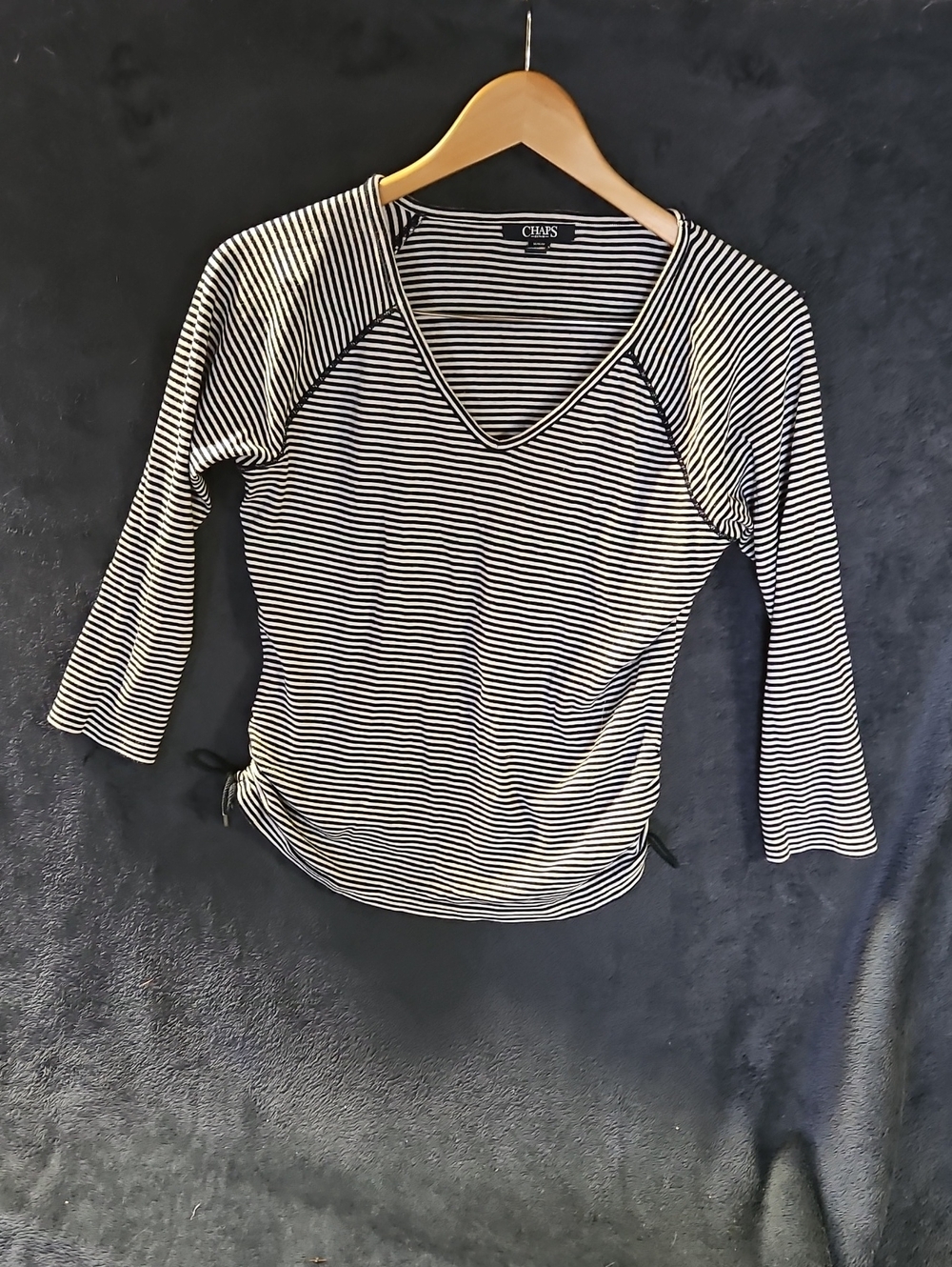 Chaps Navy Blue & White Striped V-Neck Long Sleeve Top